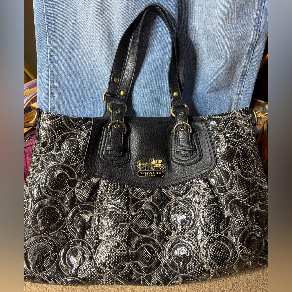 Coach Signature Embossed Tote Bag 14578 Black Gray Leather Trim Gold Hardware - Picture 4 of 17